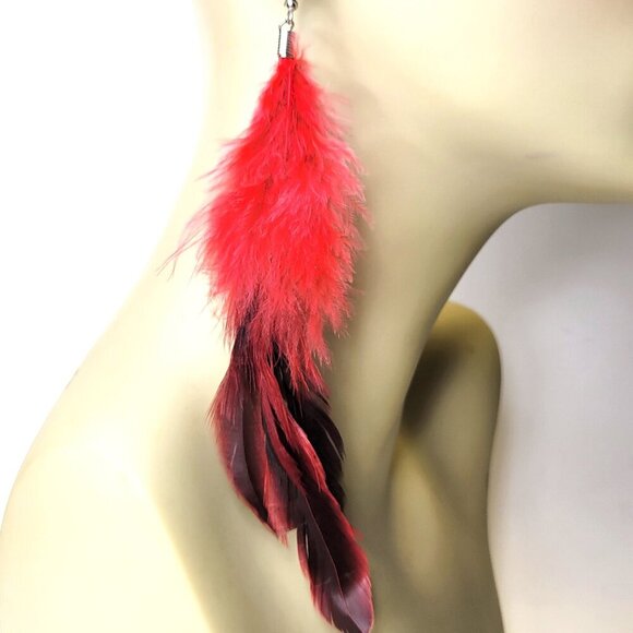 Red Feather Long Earrings - Picture 1 of 5
